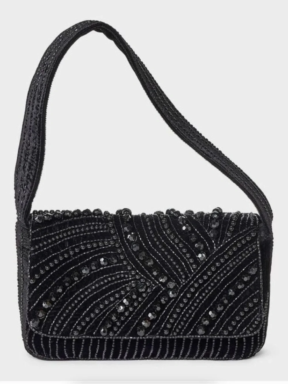 a new day | Women’s Black Beaded Velvet Front Snap Flap Shoulder Bag OS